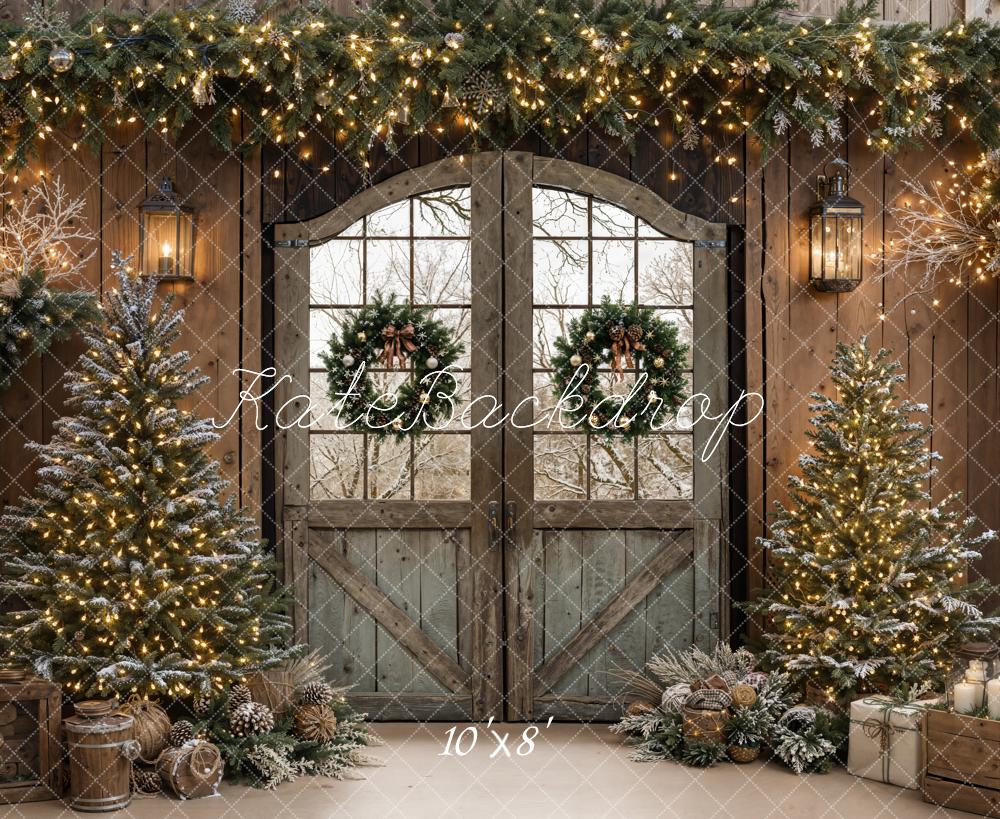 Kate Christmas Barn Door Wreath Trees Fleece Backdrop Designed by Emetselch - Image 3