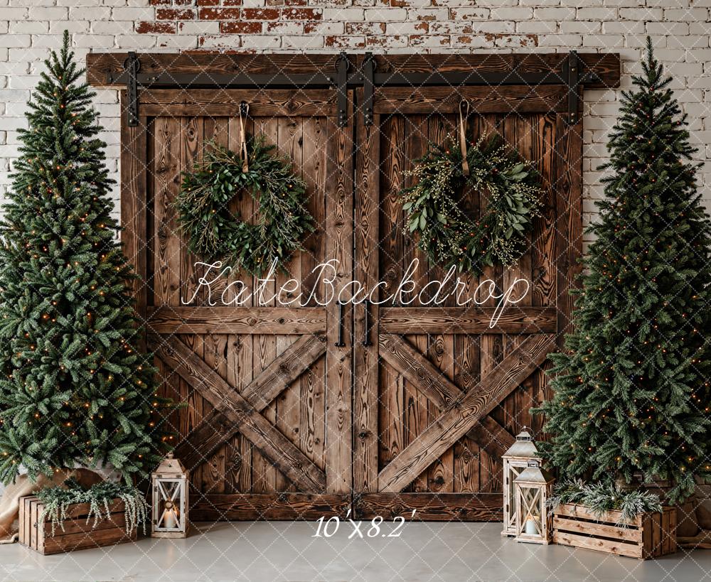 Kate Christmas Barn Door Wreath Trees Fleece Backdrop Designed by Emetselch - Image 3