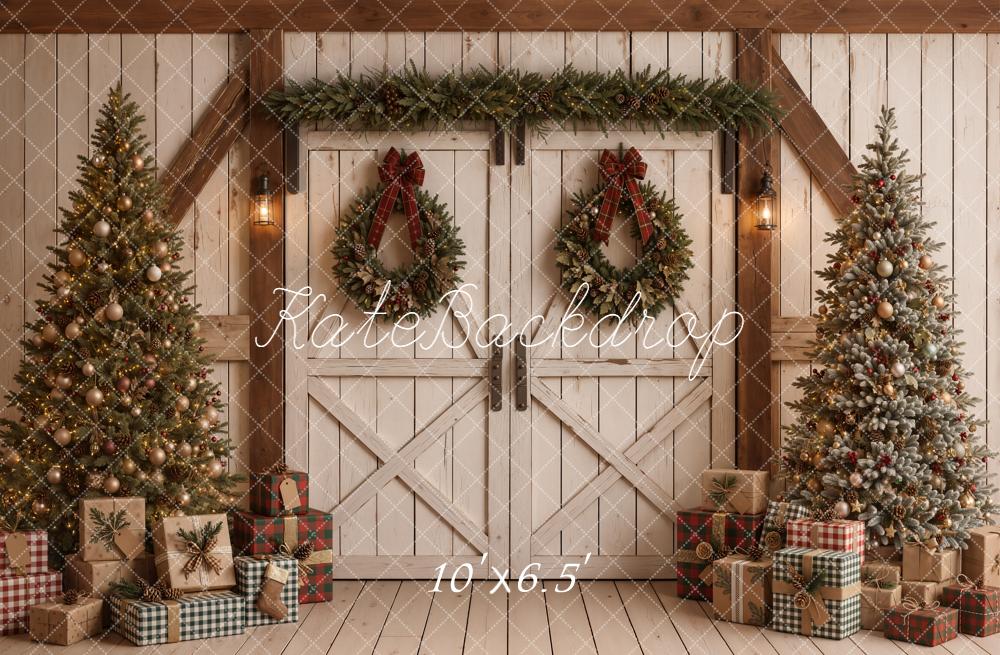 Kate Christmas Barn Doors Trees Wreaths Fleece Backdrop Designed by Emetselch - Image 2