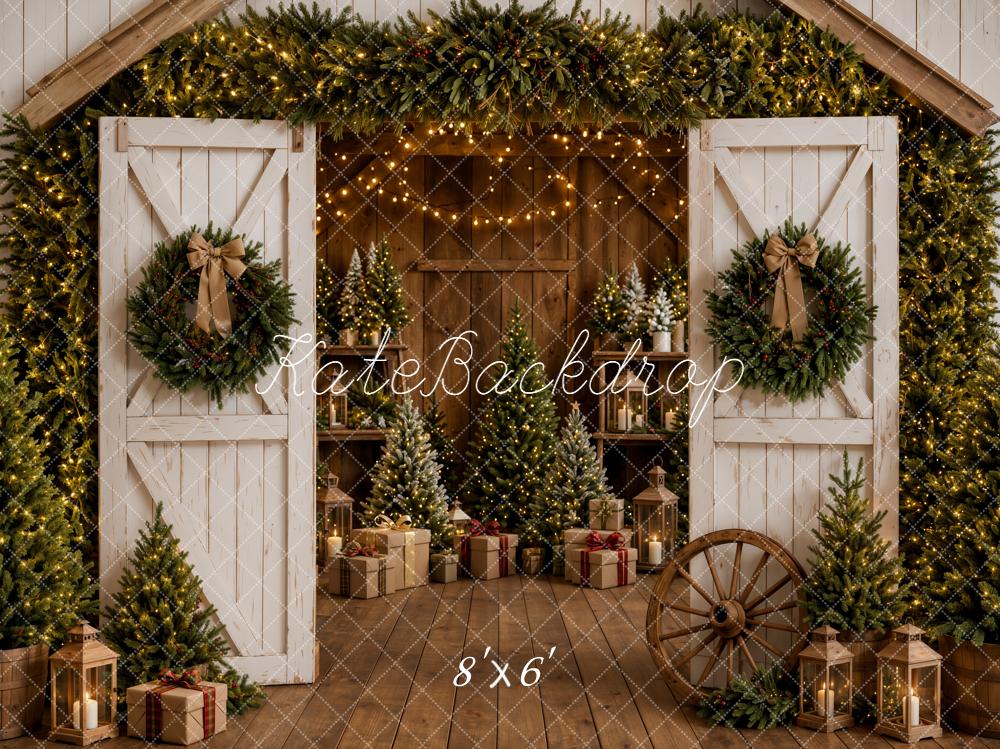 Kate Christmas Barn Doors Wreaths Presents Trees Fleece Backdrop Designed by Emetselch
