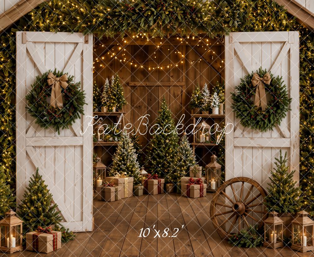 Kate Christmas Barn Doors Wreaths Presents Trees Fleece Backdrop Designed by Emetselch - Image 3