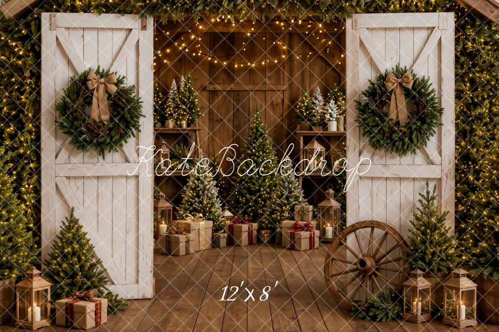 Kate Christmas Barn Doors Wreaths Presents Trees Fleece Backdrop Designed by Emetselch - Image 4