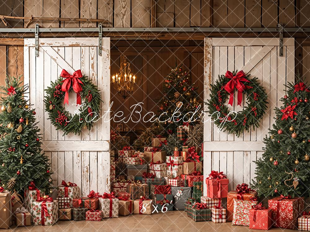 Kate Christmas White Barn Wreath Gifts Trees Fleece Backdrop Designed by Emetselch