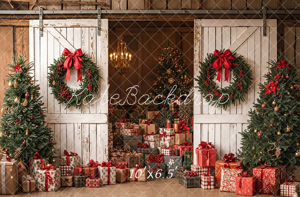 Kate Christmas White Barn Wreath Gifts Trees Fleece Backdrop Designed by Emetselch - Image 2