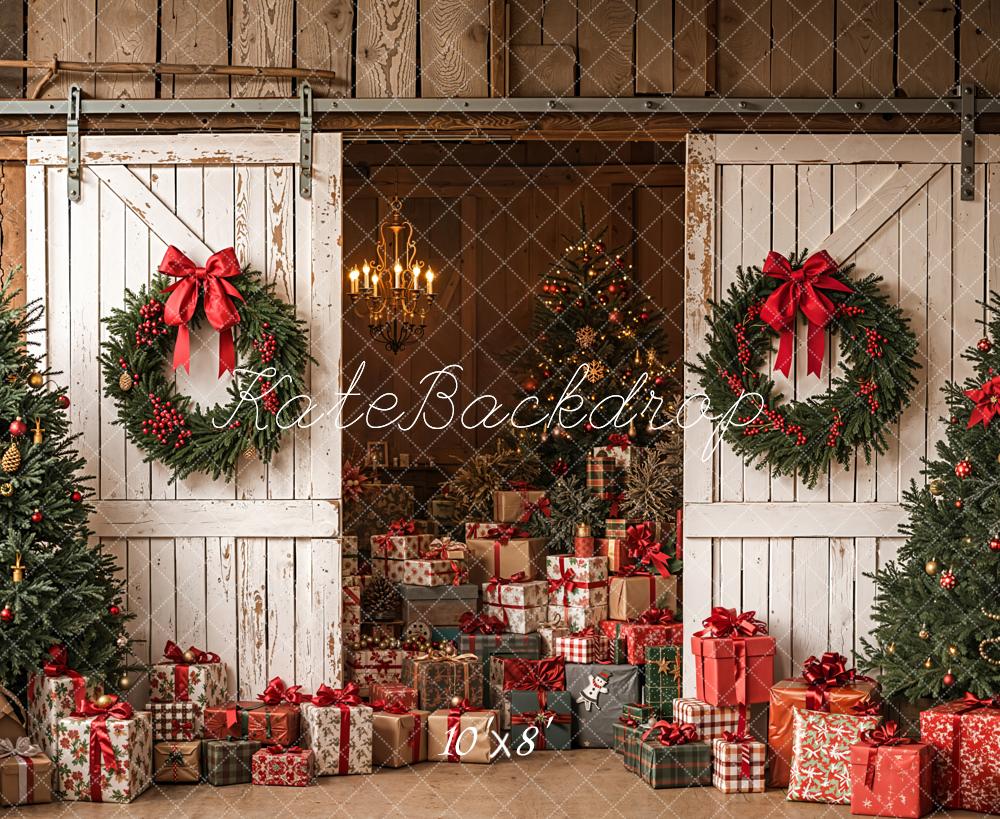 Kate Christmas White Barn Wreath Gifts Trees Fleece Backdrop Designed by Emetselch - Image 3