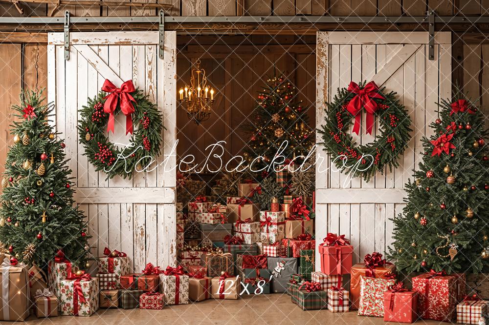 Kate Christmas White Barn Wreath Gifts Trees Fleece Backdrop Designed by Emetselch - Image 4