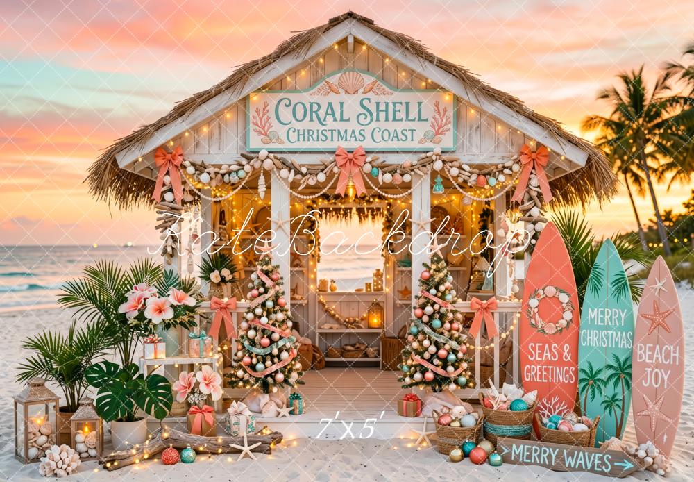 Kate Christmas Beach Hut Shells Surfboards Backdrop Designed by Patty Robert