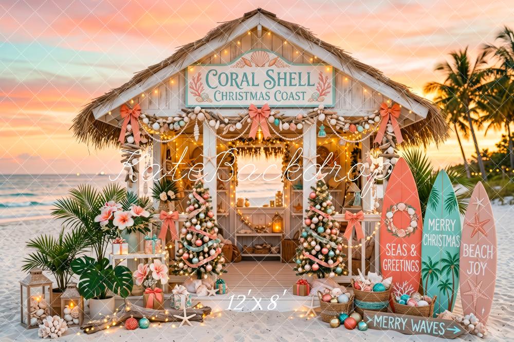 Kate Christmas Beach Hut Shells Surfboards Backdrop Designed by Patty Robert - Image 8