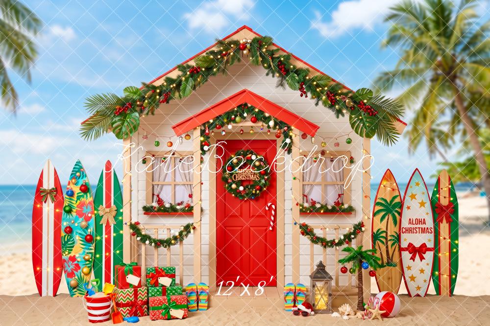 Kate Christmas Beach Hut Surfboards Gifts Fleece Backdrop Designed by Patty Robert - Image 4