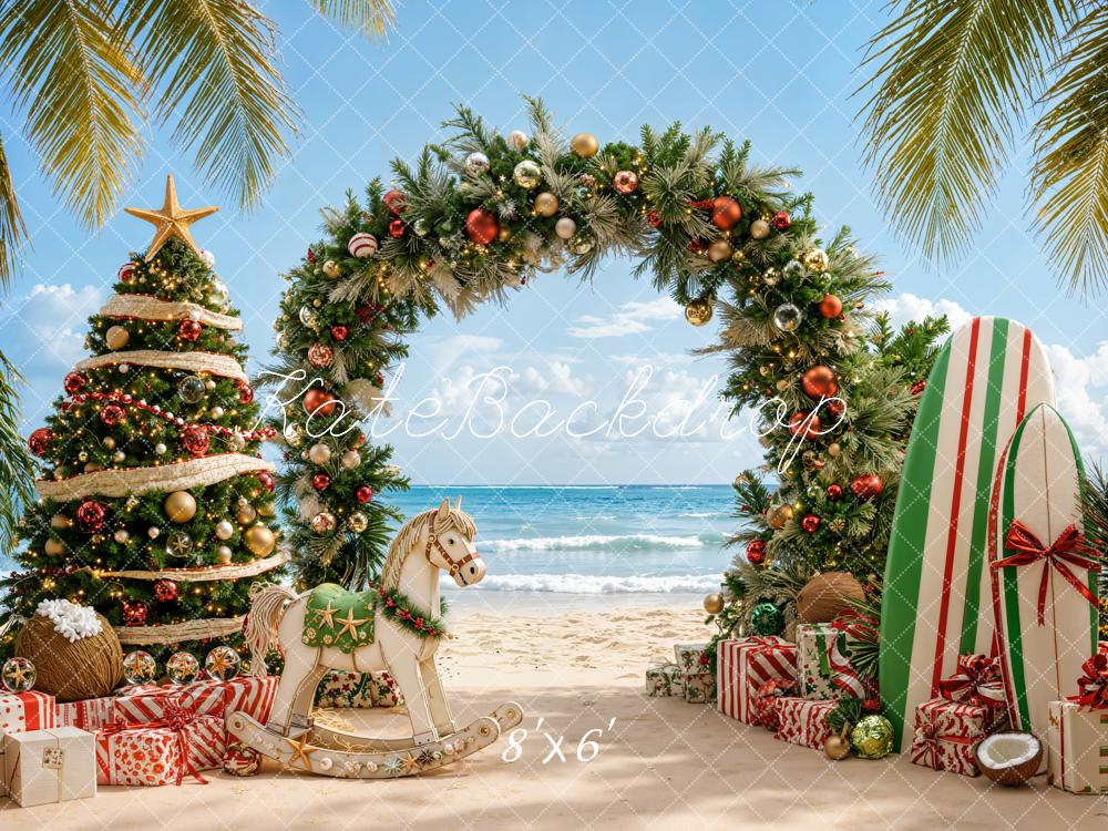 Kate Christmas Beach Tree Arch Gifts Fleece Backdrop Designed by Emetselch