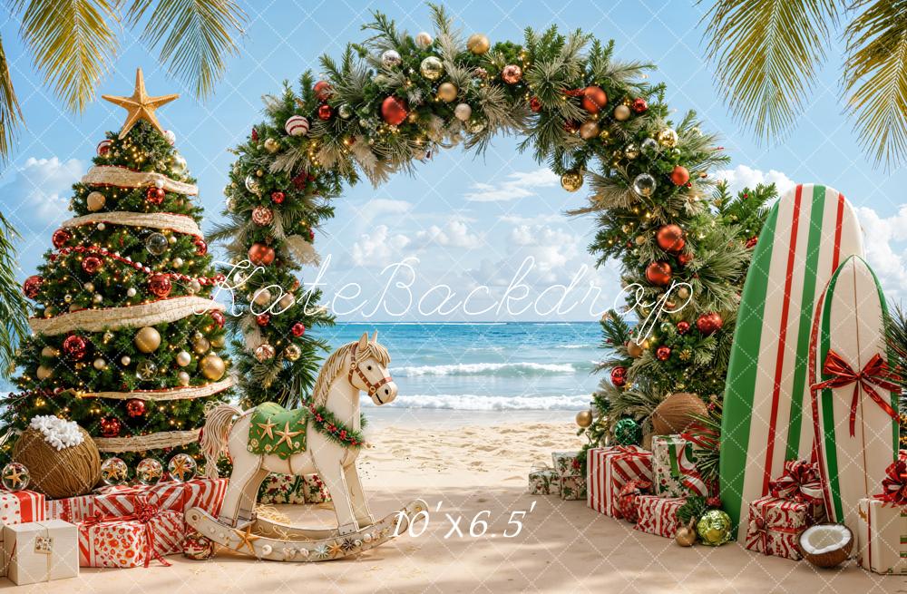 Kate Christmas Beach Tree Arch Gifts Fleece Backdrop Designed by Emetselch - Image 2
