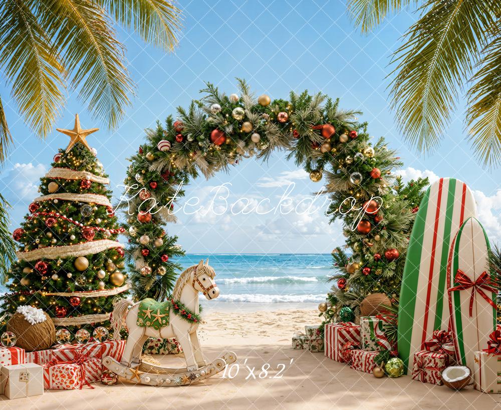 Kate Christmas Beach Tree Arch Gifts Fleece Backdrop Designed by Emetselch - Image 3