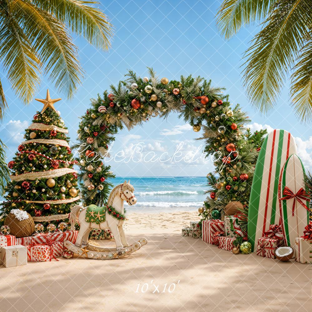 Kate Christmas Beach Tree Arch Surfboard Backdrop Designed by Emetselch - Image 7