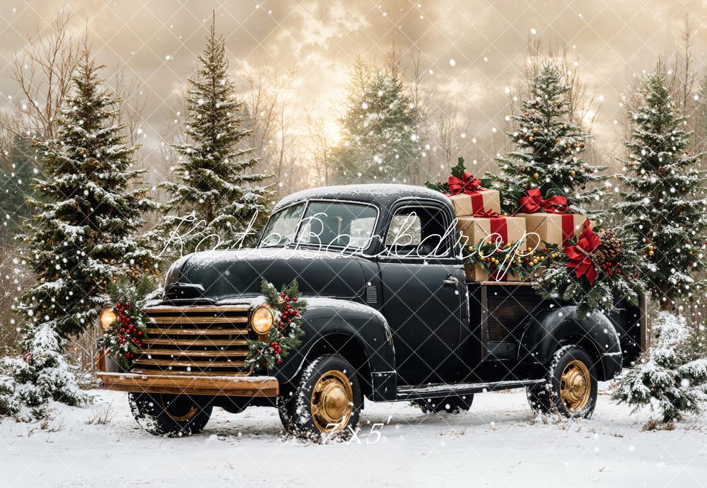 Kate Christmas Black Truck Snowy Forest Backdrop Designed by Emetselch