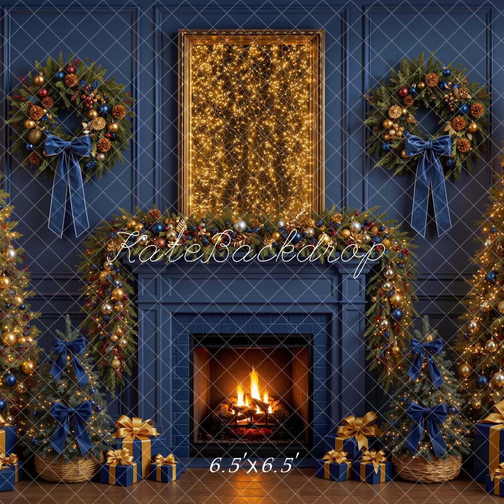 Kate Christmas Blue Fireplace Wreaths Trees Backdrop Designed by Mini MakeBelieve - Image 2
