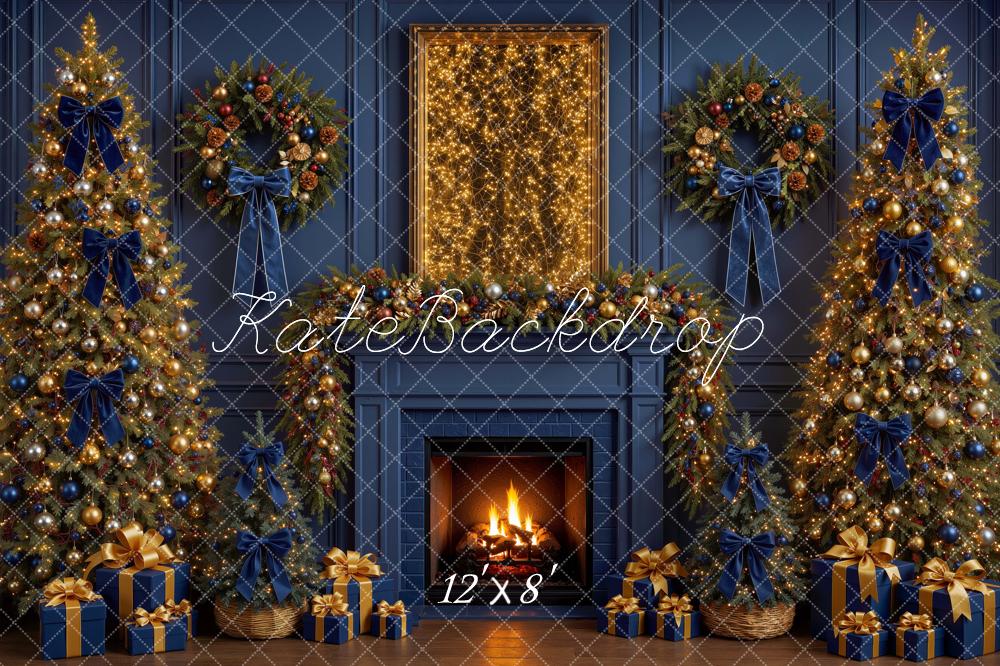 Kate Christmas Blue Fireplace Wreaths Trees Backdrop Designed by Mini MakeBelieve - Image 8