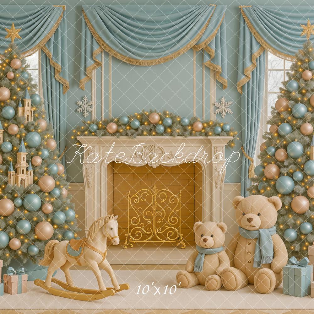 Kate Blue Gold Christmas Trees Fireplace Toys Backdrop Designed by Ashley Paul - Image 7