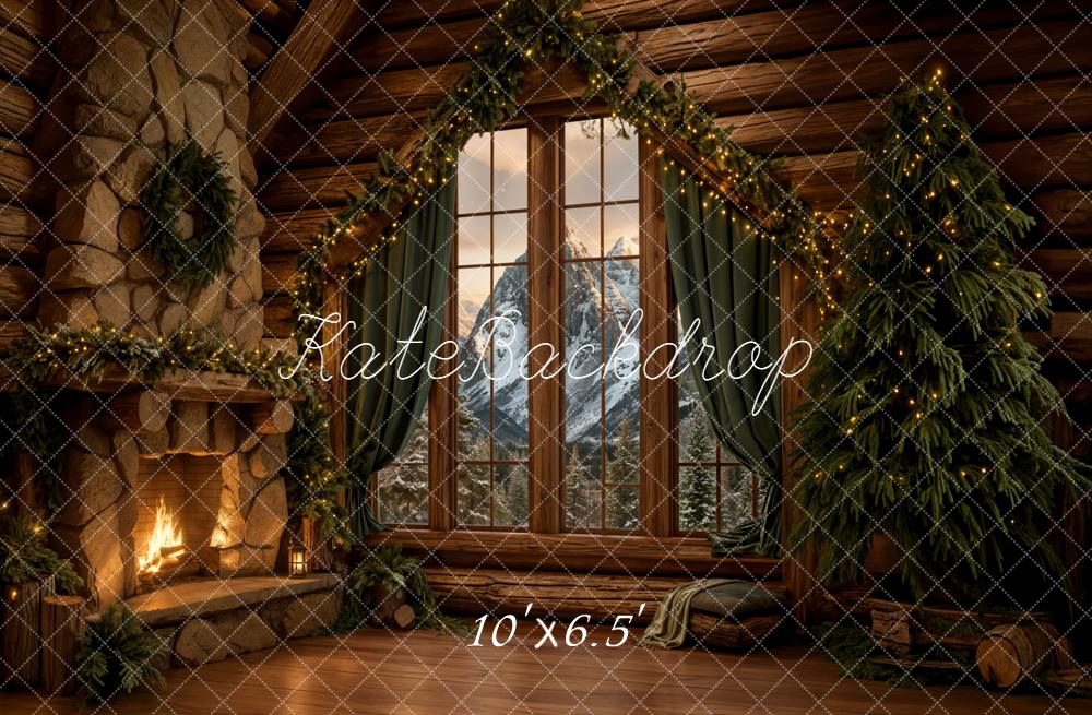 Kate Christmas Cabin Fireplace Mountain View Backdrop Designed by Emetselch - Image 4