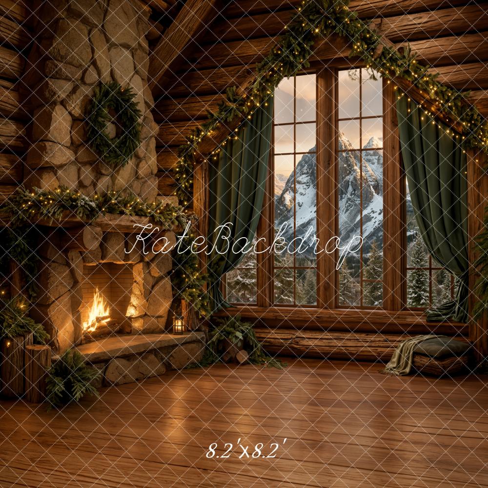 Kate Christmas Cabin Fireplace Mountain View Backdrop Designed by Emetselch - Image 5