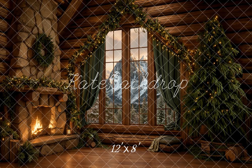 Kate Christmas Cabin Fireplace Mountain View Backdrop Designed by Emetselch - Image 8