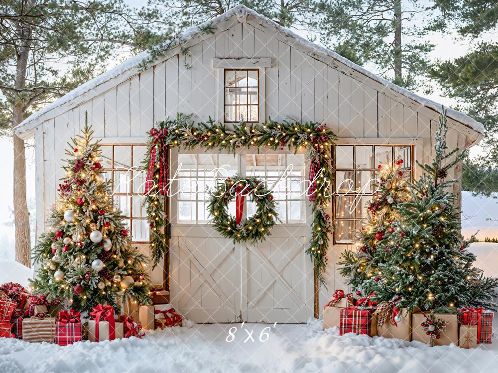 Kate Christmas Cabin Trees Presents Garland Fleece Backdrop Designed by Emetselch