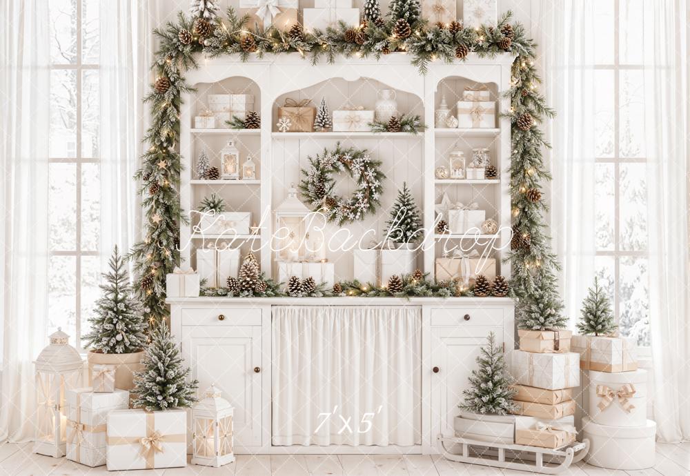 Kate Christmas Cabinet Gifts Pine Garland Backdrop Designed by Emetselch