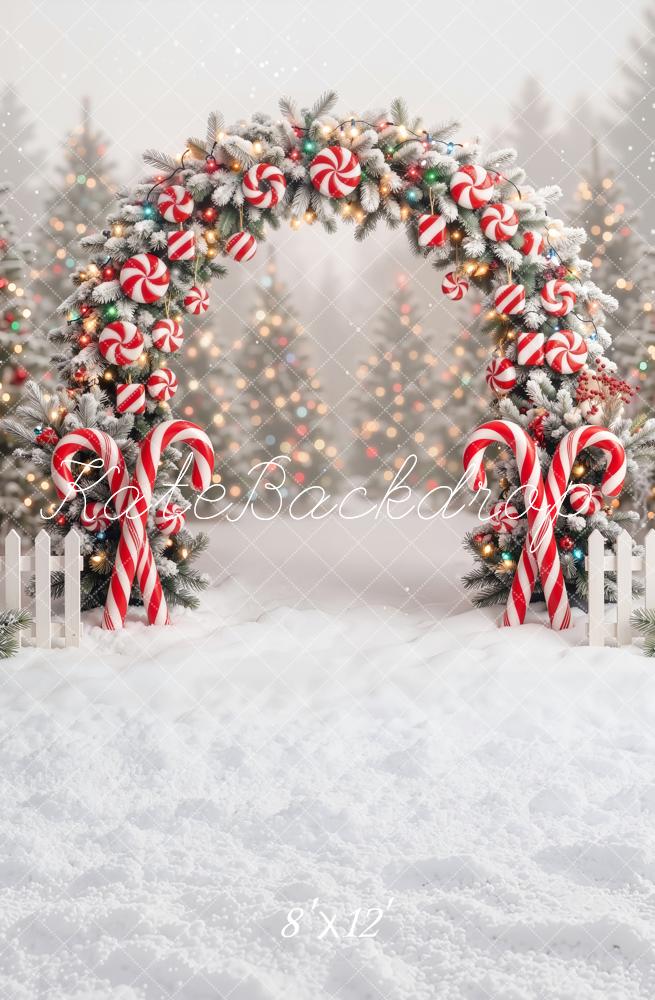 Kate Christmas Candy Cane Arch Snowy Forest Fleece Backdrop Designed by Emetselch - Image 4
