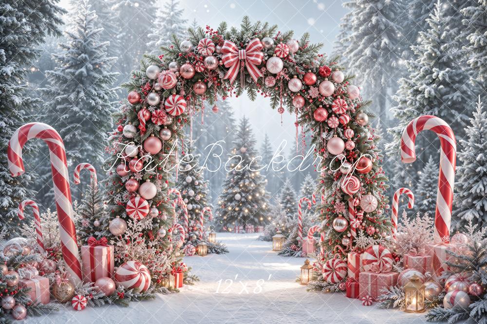 Kate Christmas Candy Cane Arch Snowy Forest Fleece Backdrop Designed by Emetselch - Image 4