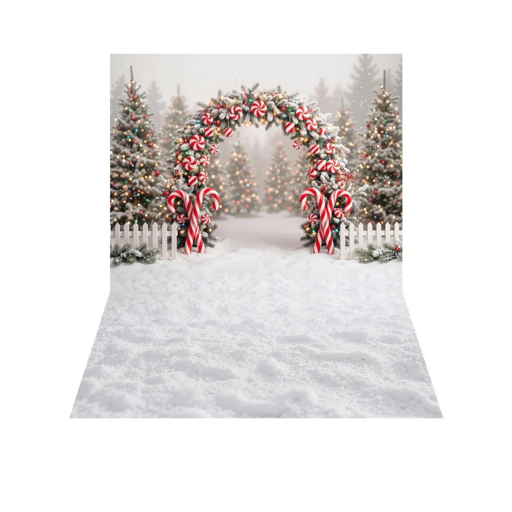 Kate Christmas Candy Cane Arch Snowy Trees Backdrop+Snow Ground Backdrop - Image 6