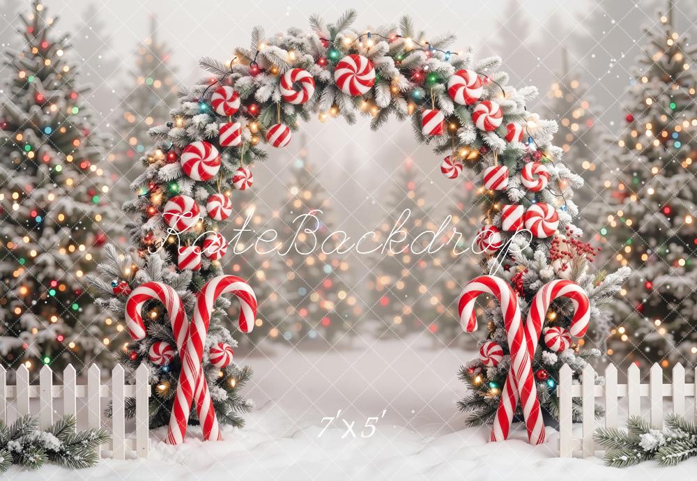 Kate Christmas Candy Cane Arch Snowy Trees Backdrop Designed by Emetselch