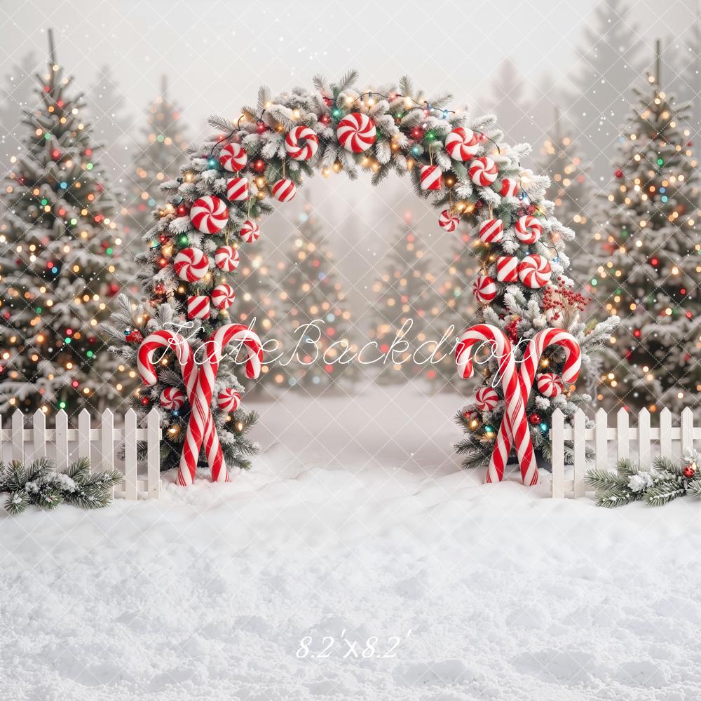 Kate Christmas Candy Cane Arch Snowy Trees Backdrop Designed by Emetselch - Image 5