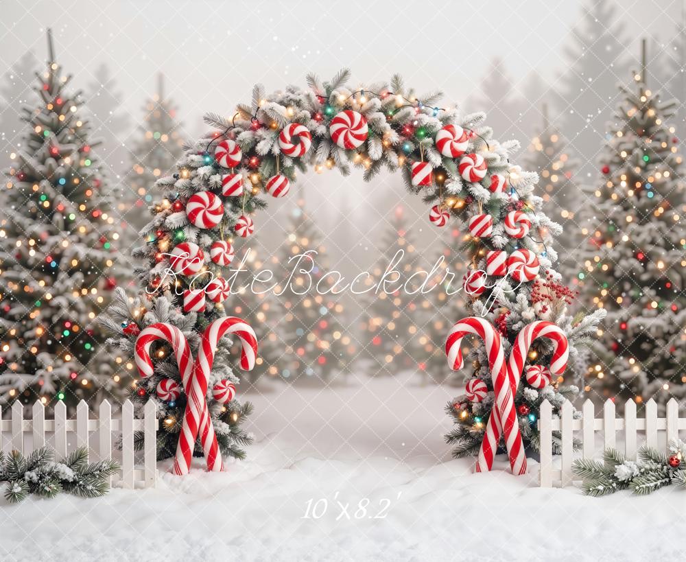 Kate Christmas Candy Cane Arch Snowy Trees Backdrop Designed by Emetselch - Image 6