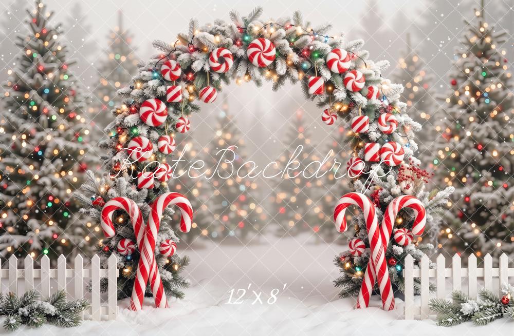 Kate Christmas Candy Cane Arch Snowy Trees Backdrop Designed by Emetselch - Image 8