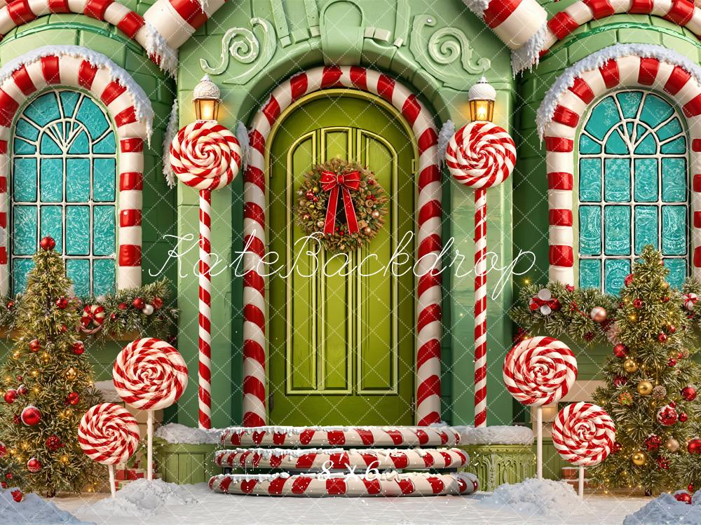 Kate Christmas Candy Cane Lollipops House Fleece Backdrop Designed by Emetselch