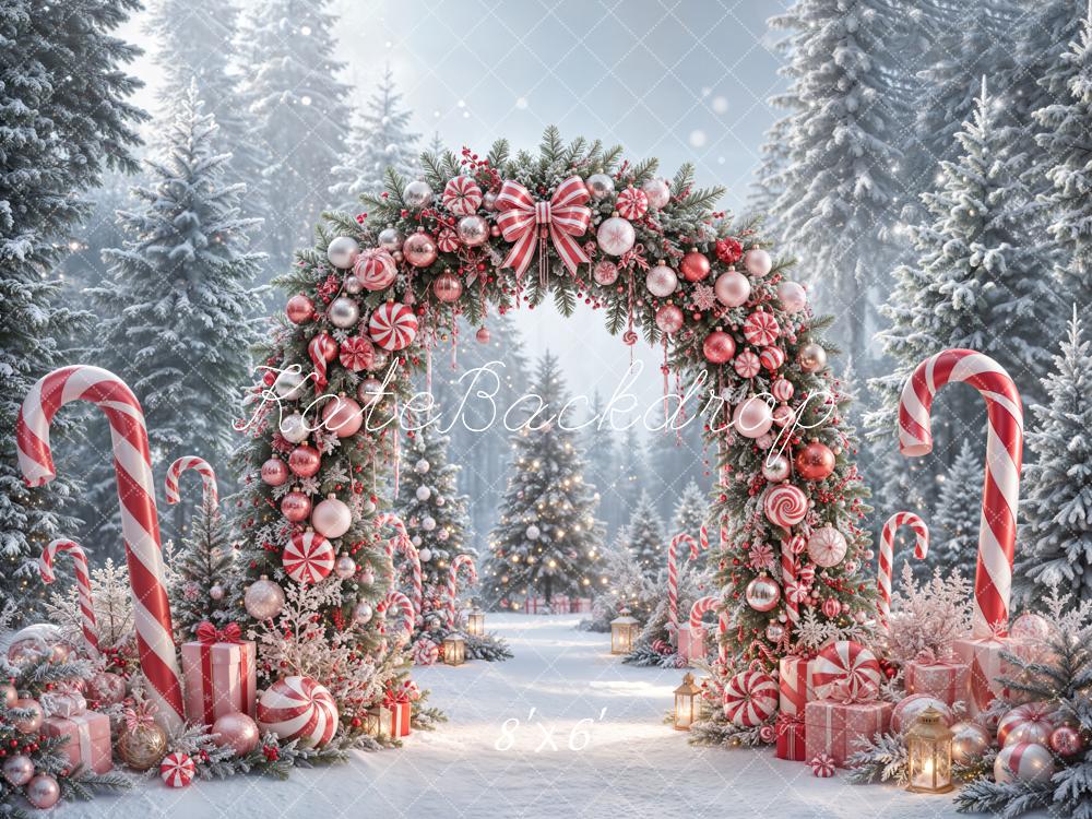 Kate Christmas Candy Cane Peppermint Arch Snowy Forest Backdrop Designed by Emetselch - Image 3