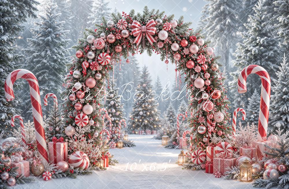 Kate Christmas Candy Cane Peppermint Arch Snowy Forest Backdrop Designed by Emetselch - Image 4