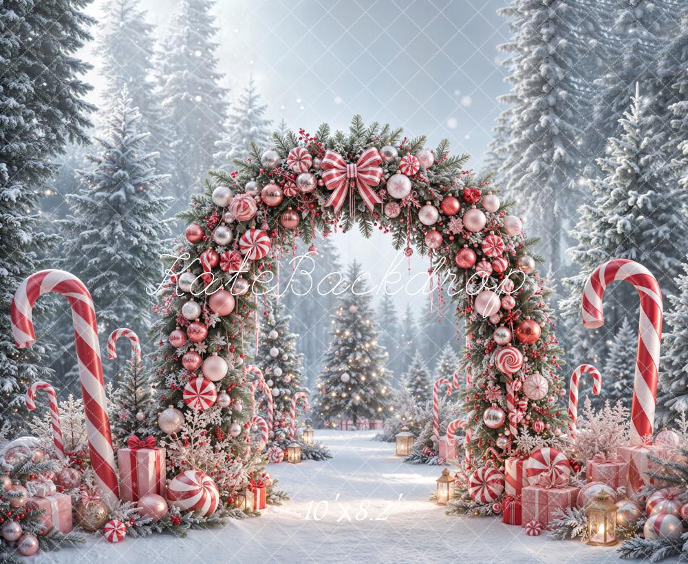 Kate Christmas Candy Cane Peppermint Arch Snowy Forest Backdrop Designed by Emetselch - Image 6