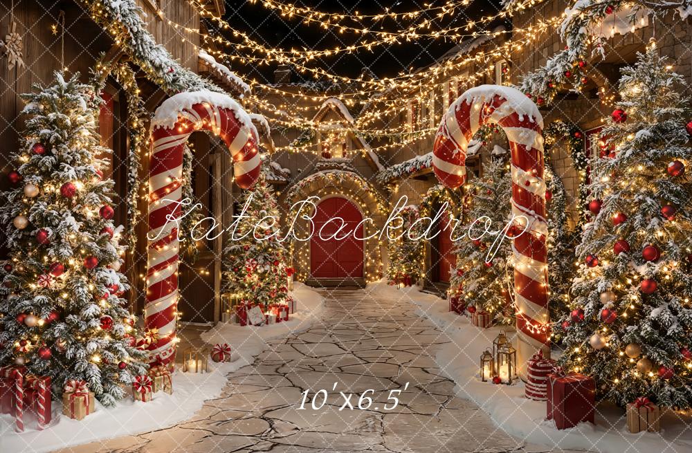Kate Christmas Candy Cane Snowy Path Fleece Backdrop Designed by Emetselch - Image 2