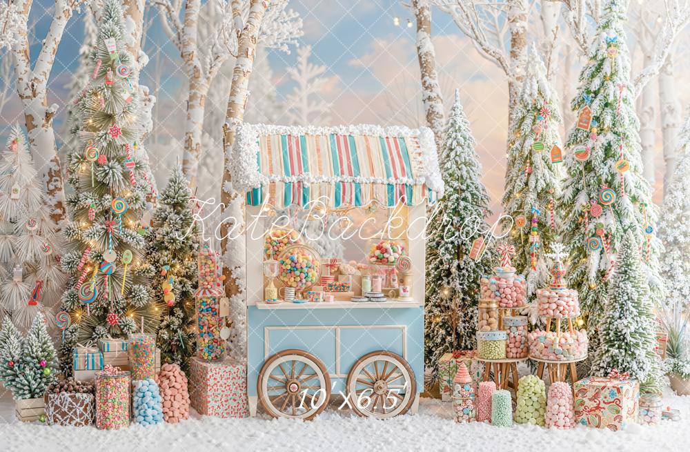 Kate Christmas Candy Cart Snowy Trees Fleece Backdrop Designed by Emetselch - Image 2