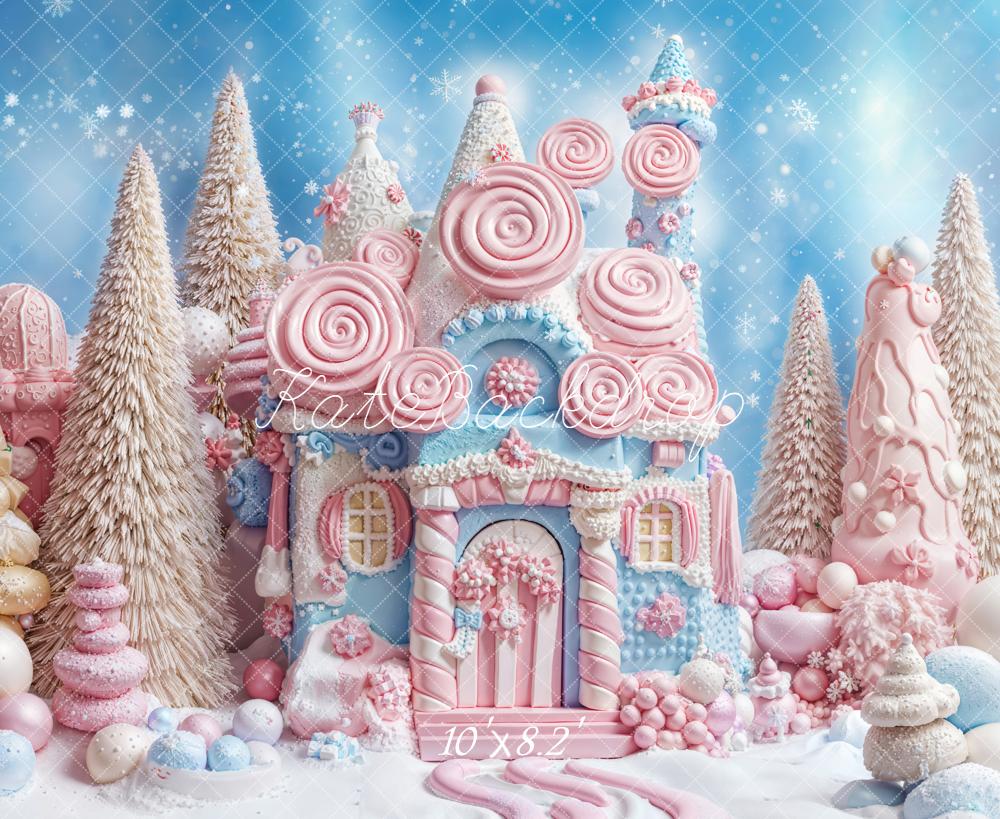 Kate Christmas Candy House Snowy Trees Fleece Backdrop Designed by Emetselch - Image 3