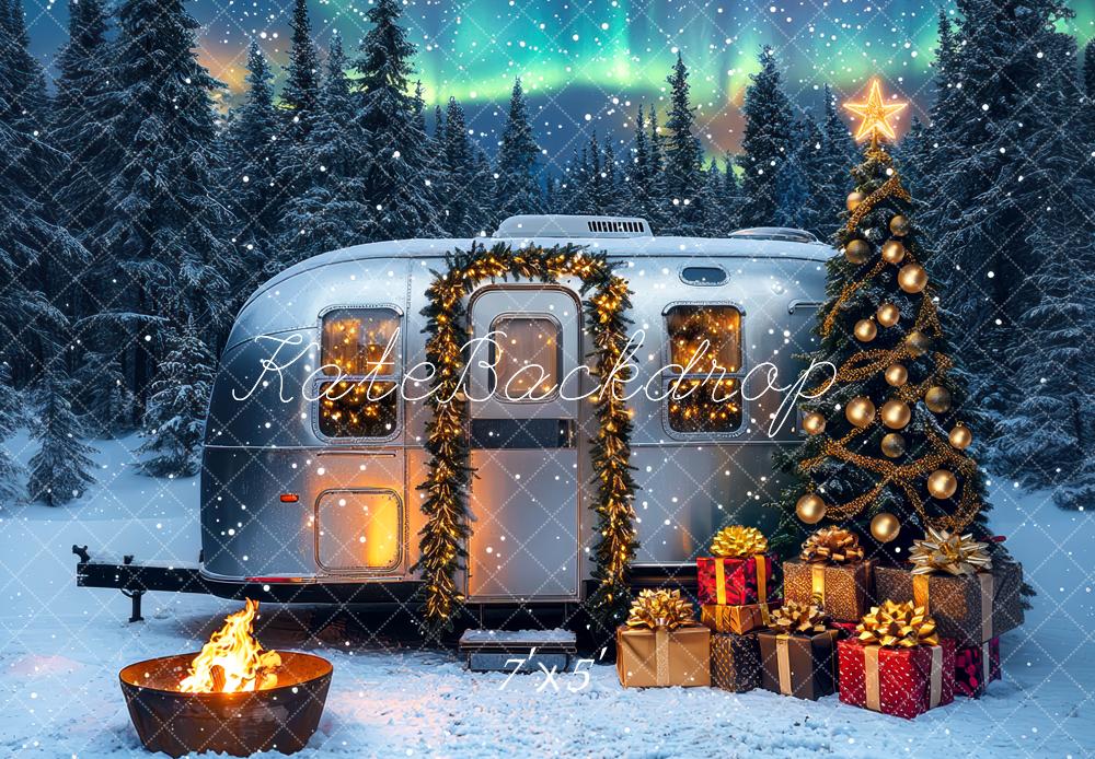 Kate Christmas Caravan Tree Snowy Forest Backdrop Designed by Mini MakeBelieve