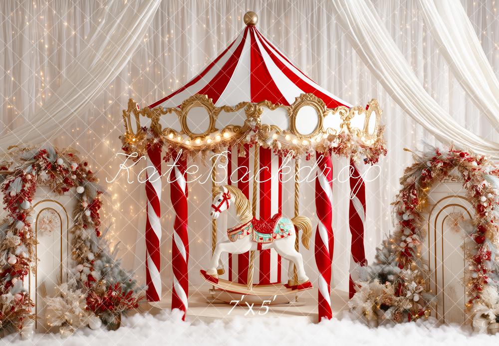 Kate Christmas Circus Carousel White Curtains Backdrop Designed by Patty Robert