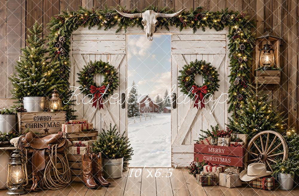Kate Christmas Cowboy Barn Western Decor Backdrop Designed by Emetselch - Image 4