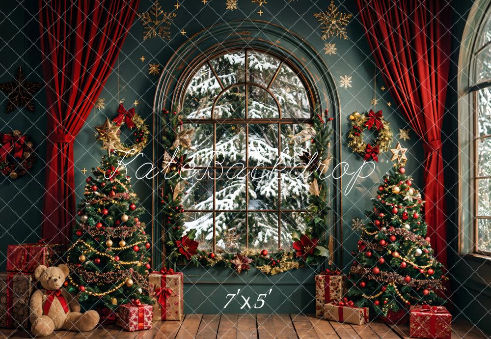 Kate Christmas Dark Green Arch Window Backdrop Designed by Emetselch - Image 2