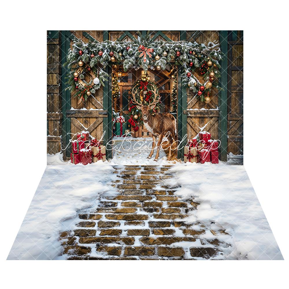 Kate Christmas Elk Brown Wooden Barn Backdrop+Winter Snow Brick Road Floor Backdrop