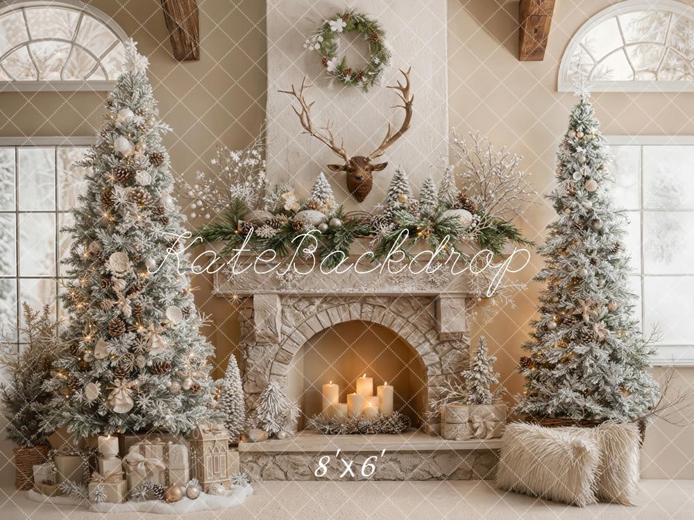 Kate Christmas Fireplace Antlers Trees Fleece Backdrop Designed by Emetselch