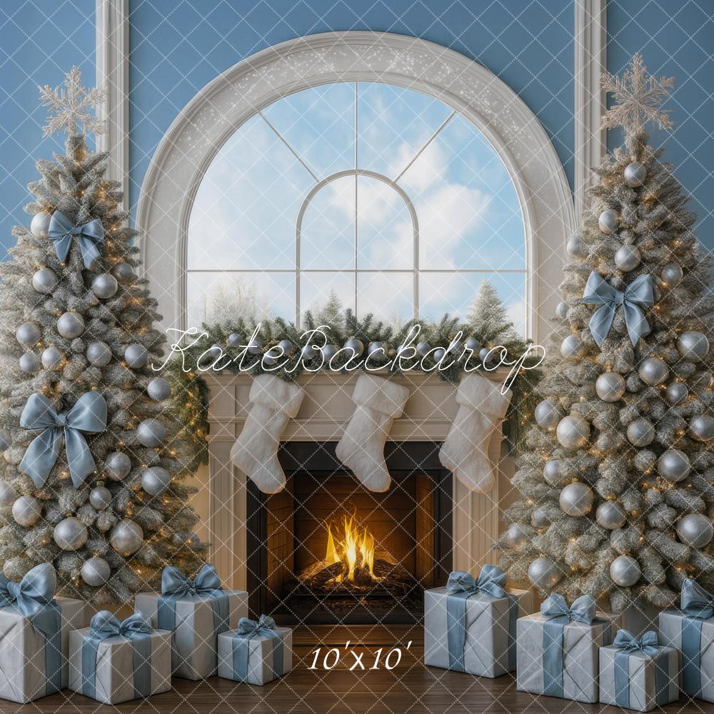 Kate Christmas Fireplace Blue Gift Boxes Trees Backdrop Designed by Mini MakeBelieve - Image 7