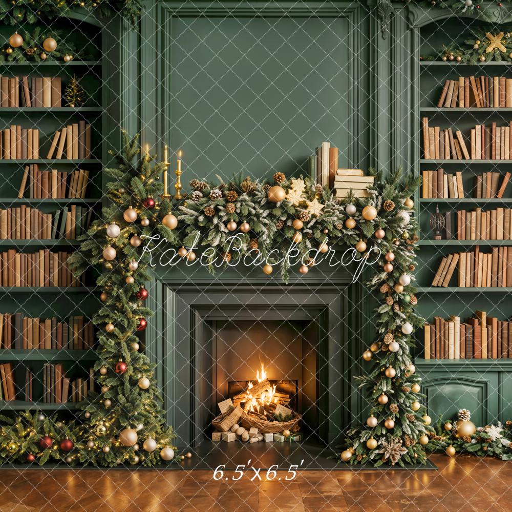 Kate Christmas Fireplace Bookshelves Garland Green Backdrop Designed by Emetselch - Image 2
