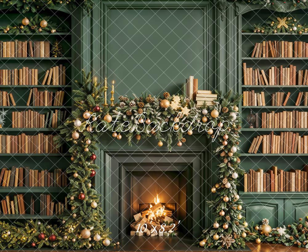 Kate Christmas Fireplace Bookshelves Garland Green Backdrop Designed by Emetselch - Image 6
