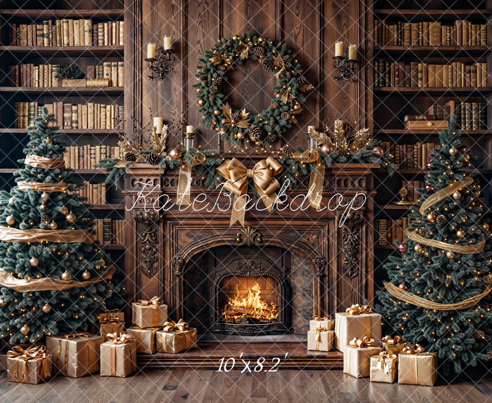 Kate Christmas Fireplace Bookshelves Trees Backdrop Designed by Emetselch - Image 8
